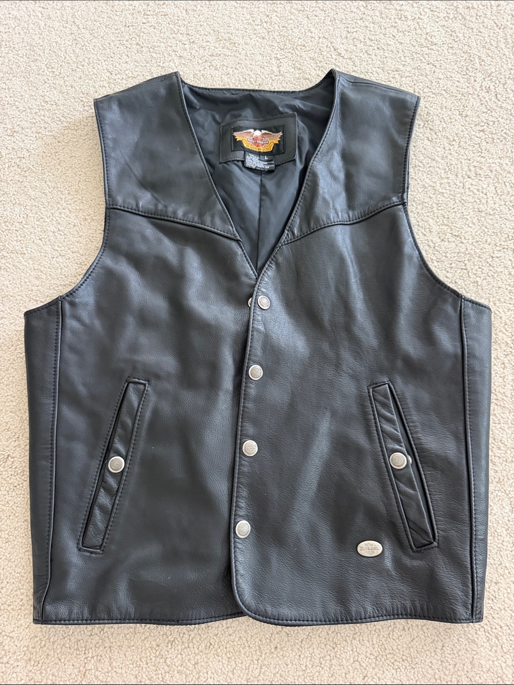 Men's Lg Black Harley Davidson Leather Snap-Front Vest